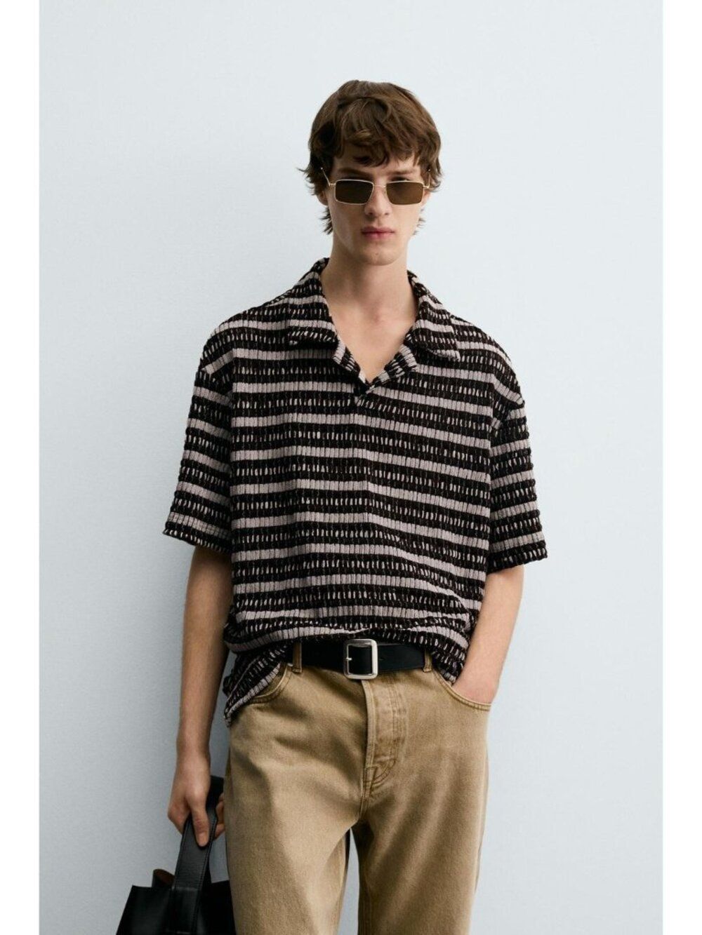 Zara Mens Polo Shirt Top Small S Brown Jacquard Openwork Pattern 5584/312 NWT